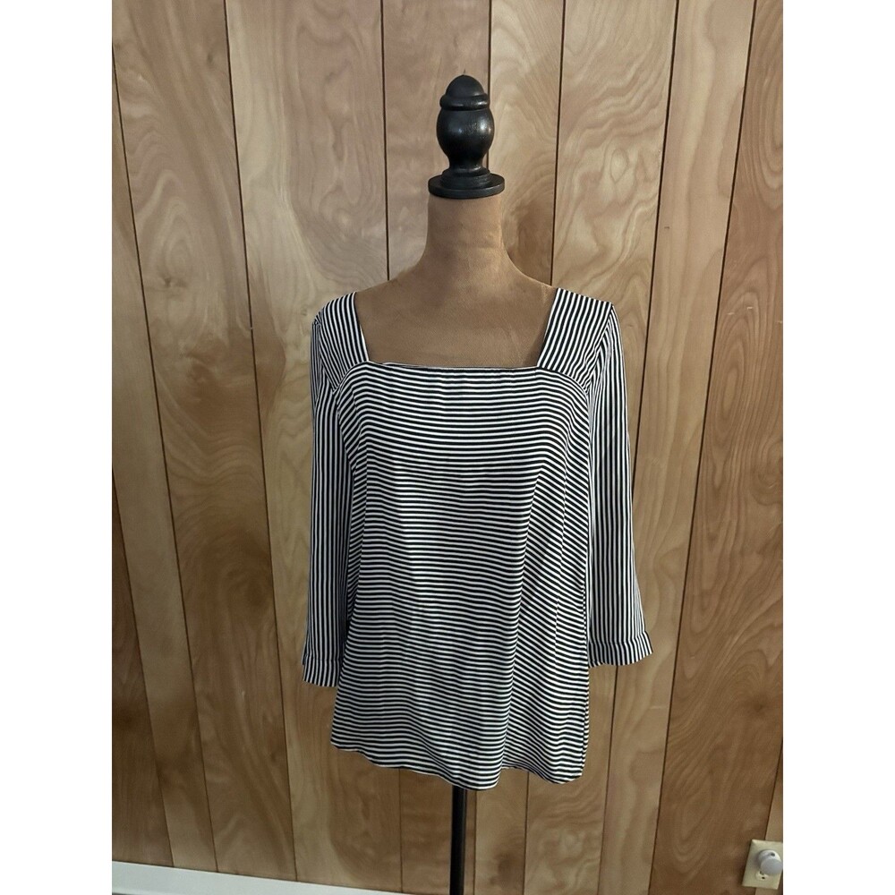 Bobeau Womens Black White Striped‎ Square Neck 3/4 Sleeve Blouse Top Large